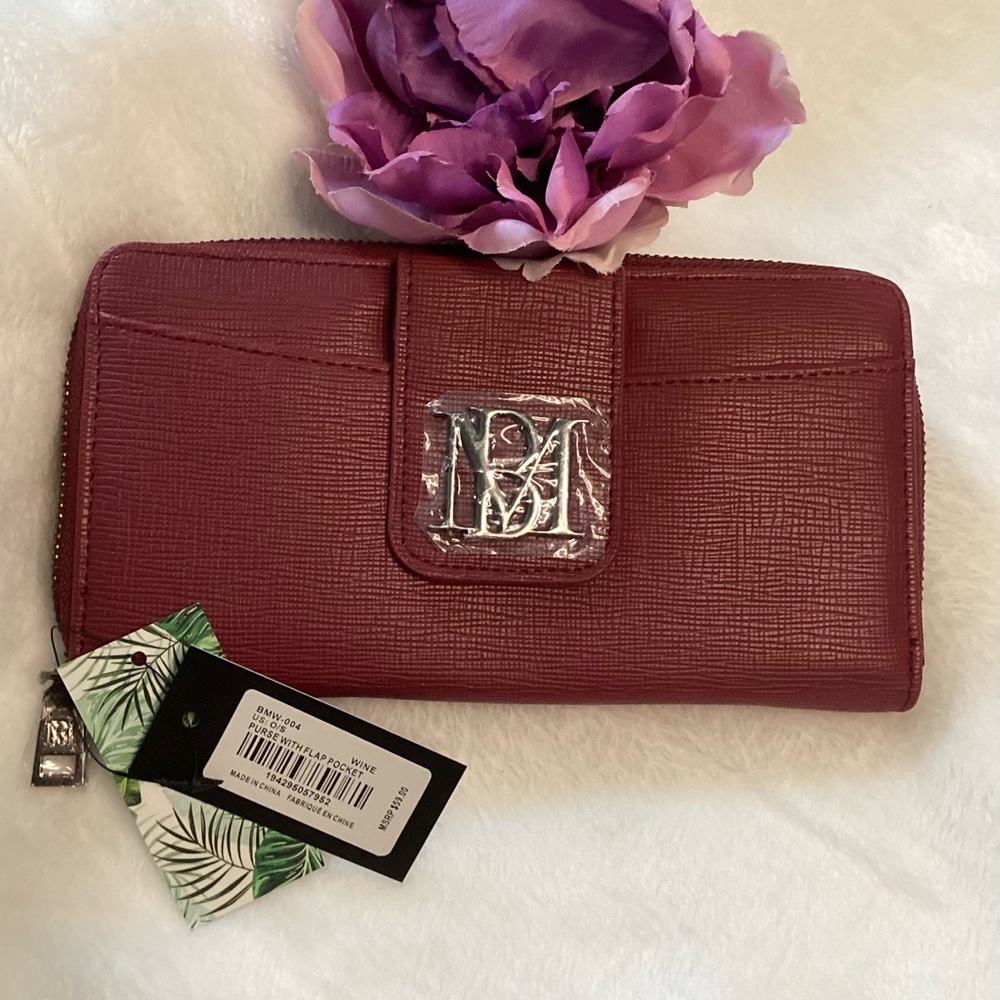NWT Badgley Mischka Large Wine/Red Zip Around Flap Pocket Wallet Vegan Leather